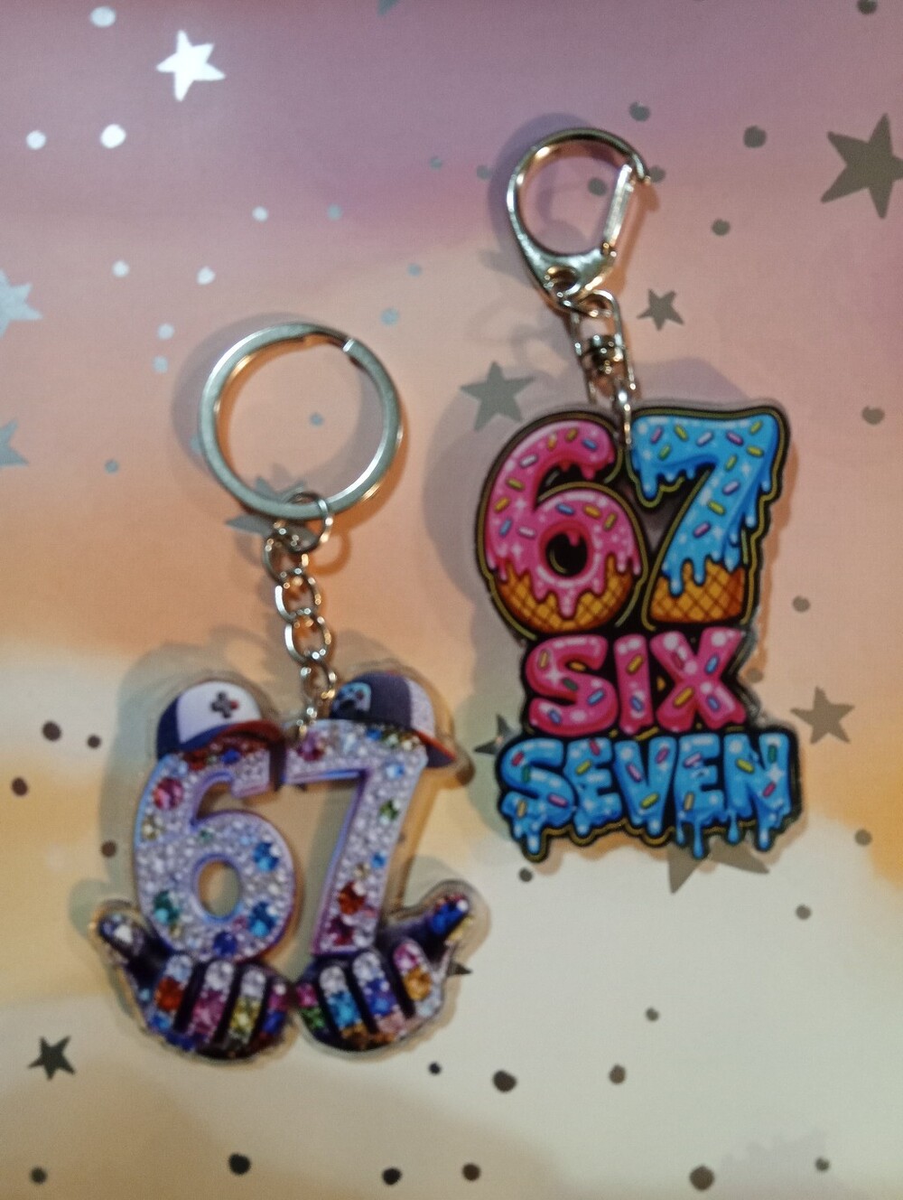 67 Keychain Set - Pink, Blue Glitter Number Charms